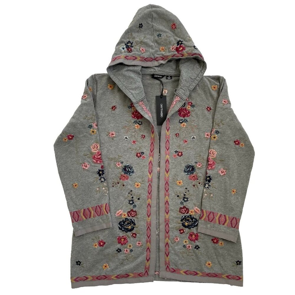DRIFTWOOD Jeans Shelly Kimono w Hood In Serenity Gray Sz 1X NWT Floral Embroider